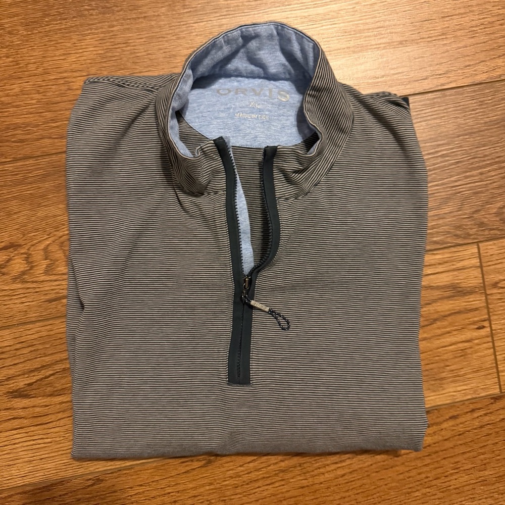 Orvis Men's Gray Striped Quarter Zip-Neck Golf Long Sleeved Shirt‎